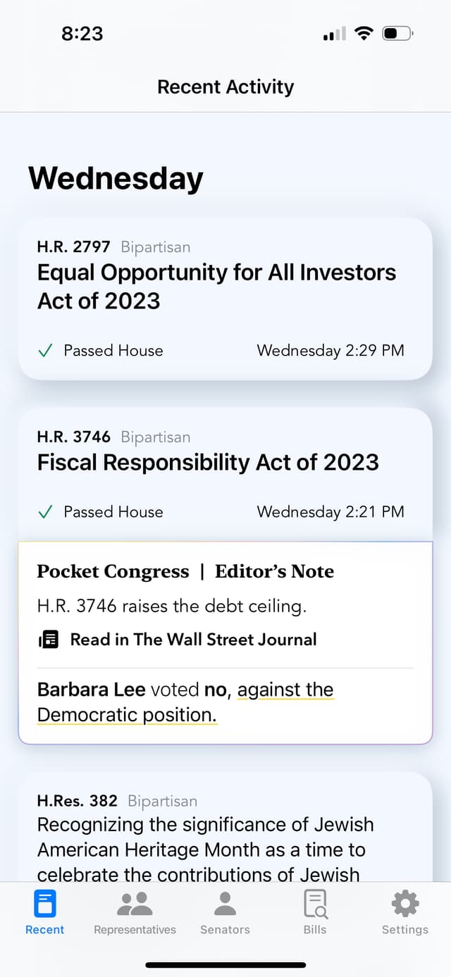 Pocket Congress homepage, displaying the Fiscal Responsibility Act with a note from Pocket Congress editors