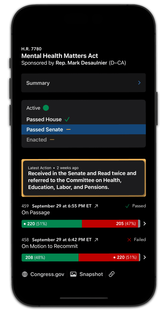 A screenshot of a Pocket Congress Bill View Page, showing title, stage in Congress, and vote margins